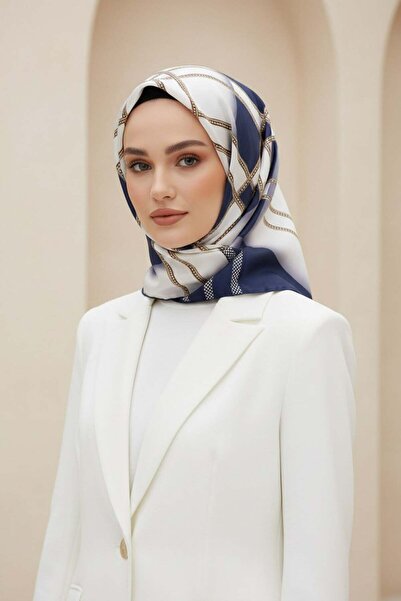 100% Twill Silk Geometric Pattern Navy Blue - Cream Color 90x90 Scarf Sewing Shape : Hand Sewing