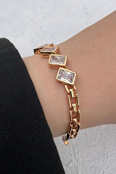 Leo'Stone Rose Gold Baget Taş Detaylı Zarif Zincir Kadın Çelik Bileklik Kararmaz Renk Atmaz
