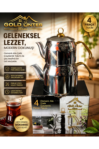 İnter Gold Aile Çelik Çaydanlık Takımı 4 Parça Gold