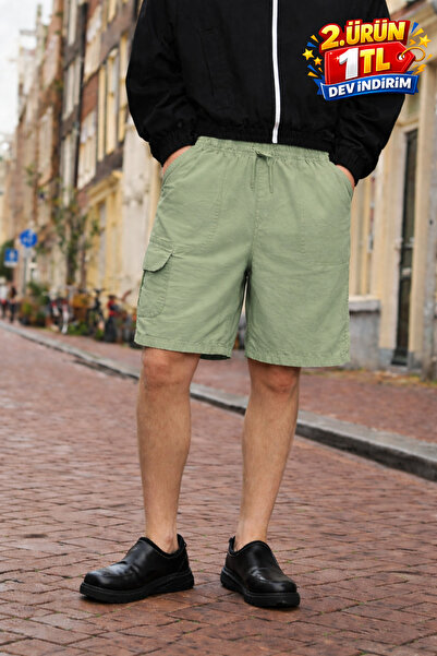 DAMGA JEANS Men's Premium Jogger Relax Cargo Pocket A.Green Linen Shorts