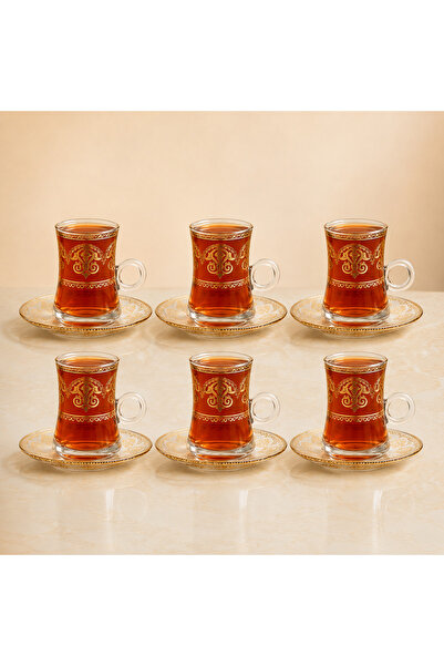 KB 12-Piece Glass Tea Cup Set, 6 Cups with 6 Saucers, 120ml Elegant Gold Patt...