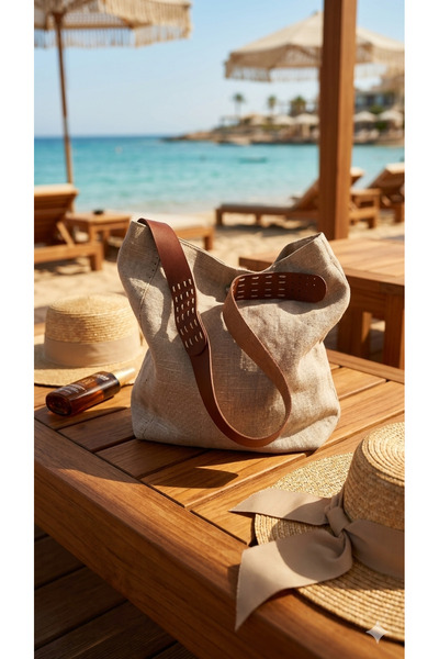 Bohemian Linen Beach Bag with Tan Color Leather Strap