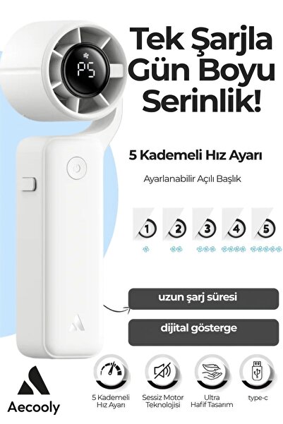 Aecooly PF04 Dijital LED Göstergeli 5 Kademeli Portatif Soğutucu El Fanı Beyaz
