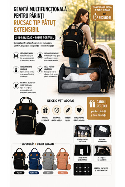 Extramall Rucsac tip pătuț – Geantă multifuncțională pentru mămici și bebeluș...
