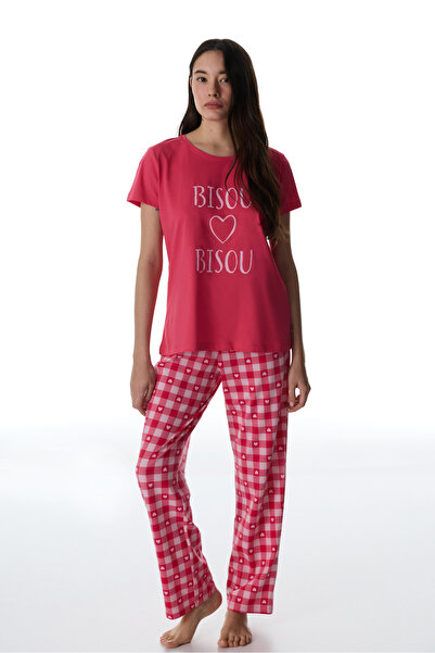 Penti Fuchsia Pink Hearts Cotton Piece Pants Pajama Set