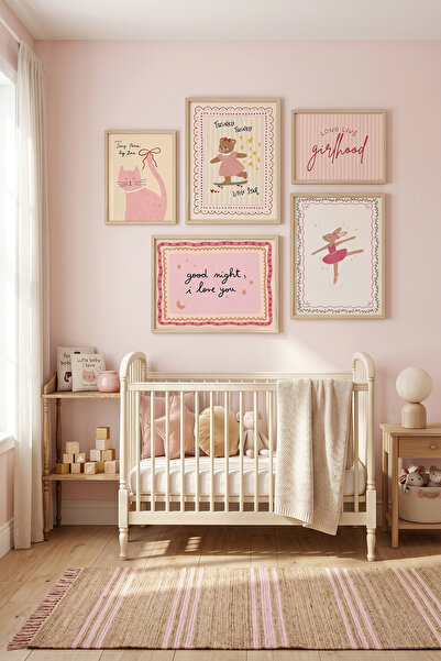 Artiera Pembe Balerin Tavşan Ve Tatlı Kedili Kız Bebek Ve Çocuk Odası 5'li Çe...