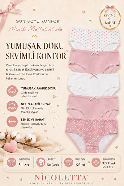 Nicoletta Chiloți pentru fete, pachet de 5, din bumbac, lycra, camisole, cu n...