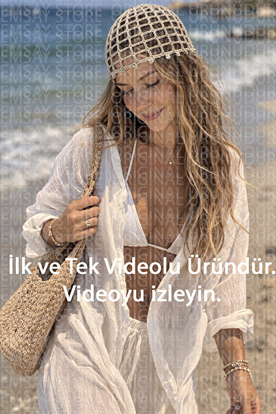 Emsay Store %100 El Yapımı Örgü Bohem Simli File Yazlık Bere, Crochet Şapka, ...
