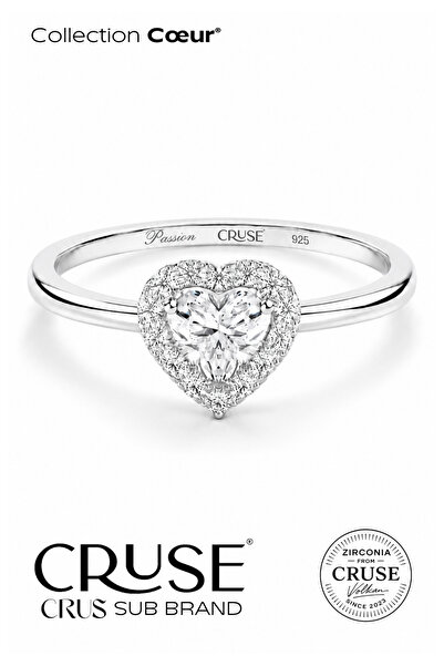 Cruse 925 Ayar Gümüş Cœur® Kalp Tektaş Yüzük 18 Ayar Beyaz Altın Kaplama