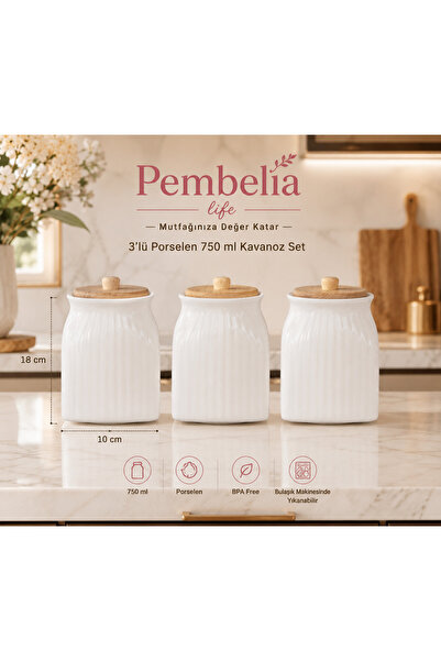 Pembelia Life 3’lü Porselen 750ml Çay Şeker Kahve Kavanozu Bakliyat Saklama K...