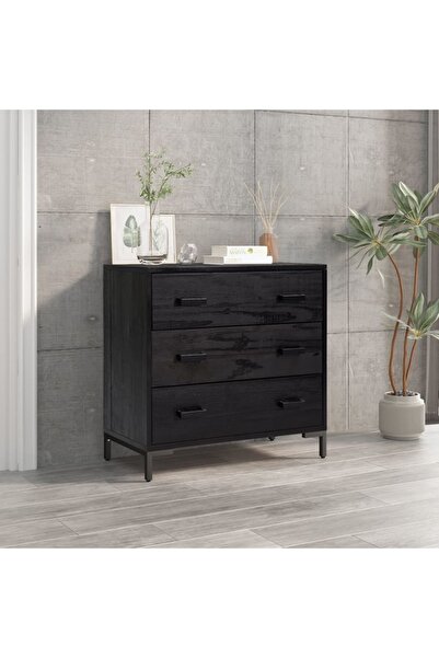 Concept Dulap cu sertare, negru, 75x35x70 cm, lemn masiv pin reciclat