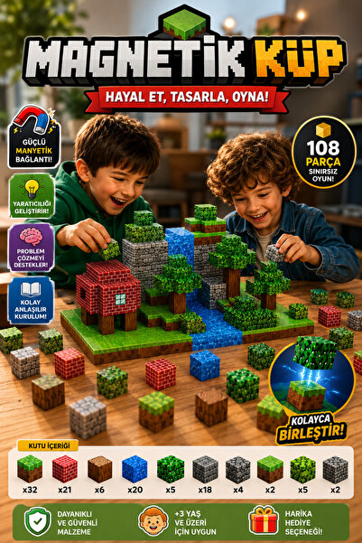 PAKİTO Minecraft Manyetik Küp bloklar 108 parça Temalı Yapı Seti | Eğitici Ze...