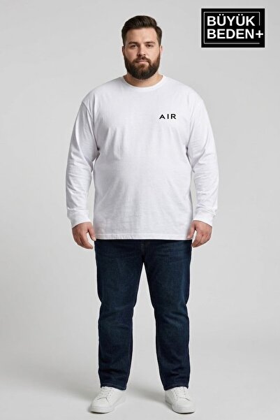Süperlife تي شيرت رجالي كبير الحجم مطبوع عليه Air بطبعة 2 خيط وياقة دائرية SP...