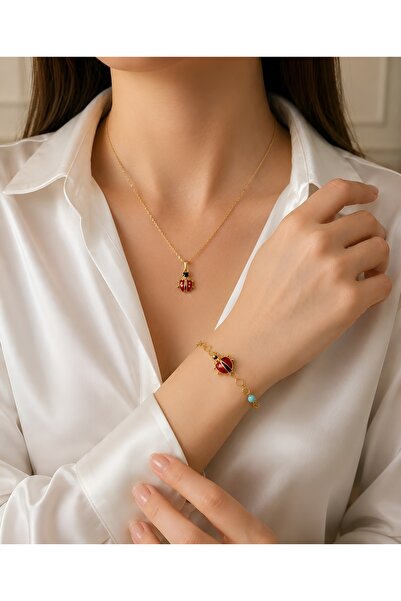 Gold Color 2pcs Red Lucky Ladybug Necklace Bracelet Set