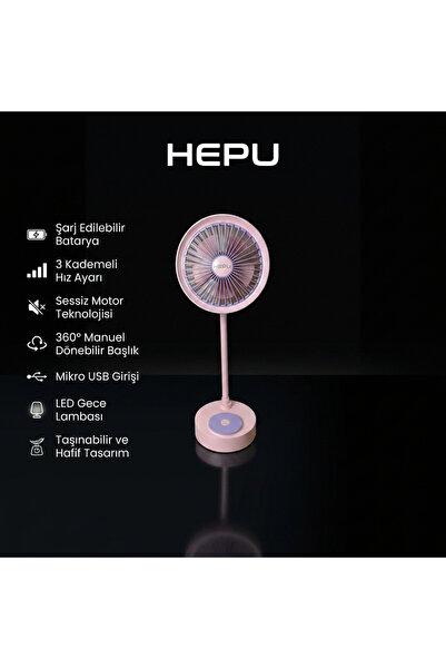 HEPU HP 9050 Şarjlı 5 Kollu 3 hız Kademeli Süper Soğutma Gece Lambalı  Vantil...