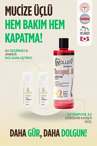 WOLLEN KOZMETİK Saç Kapatıcı Dolgunlaştırıcı Sıvı Krem 50 ml 2 Adet + Tempoxi...