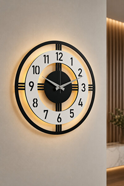Pey Aksesuar Işıklı Ahşap Duvar Saati 48 cm Dekoratif modern tasarım