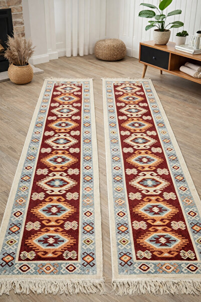 OEM Covoare tradiționale 1+1, dimensiune 60x200 cm, roșu și crem,