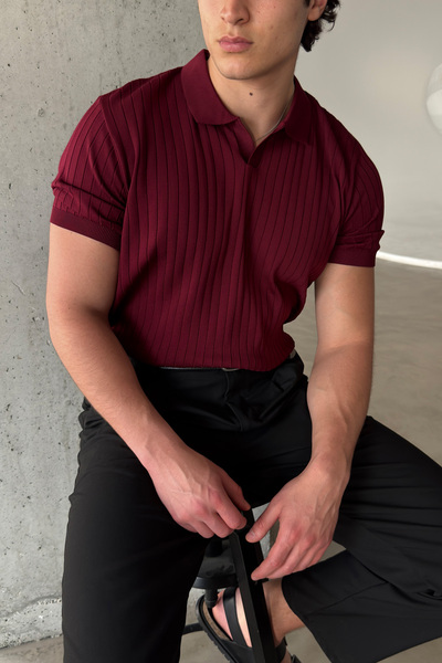 HYMAN Erkek Oversize Fitilli Polo Yaka İnce Triko T-shirt
