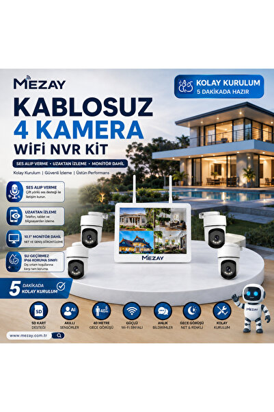 mezay Kablosuz 4’lü WiFi Güvenlik Kamera Seti – Monitör Dahil Kolay Kurulumlu...