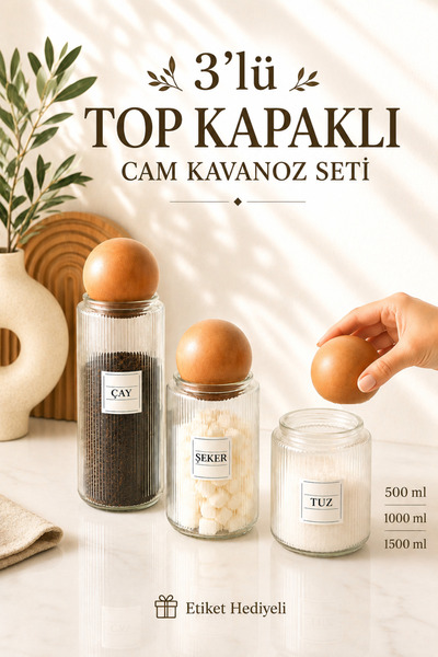 Lizzy 3'lü Ahşap TOP Kapaklı Cam Kavanoz Seti Çerezlik Baharatlık Mantar Top ...