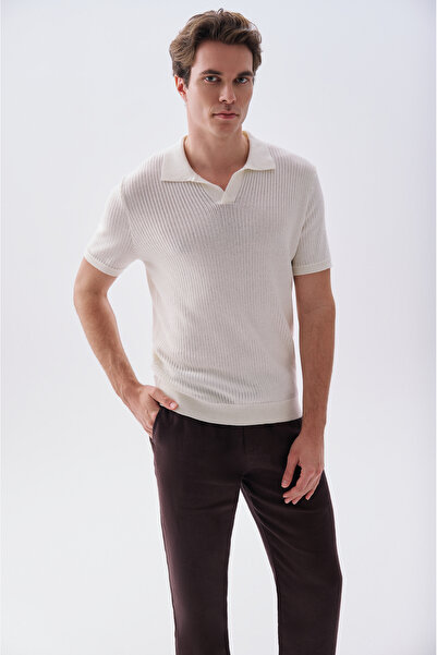 Mudo Men's Off-White Polo Collar Short Sleeve Knit Sweater