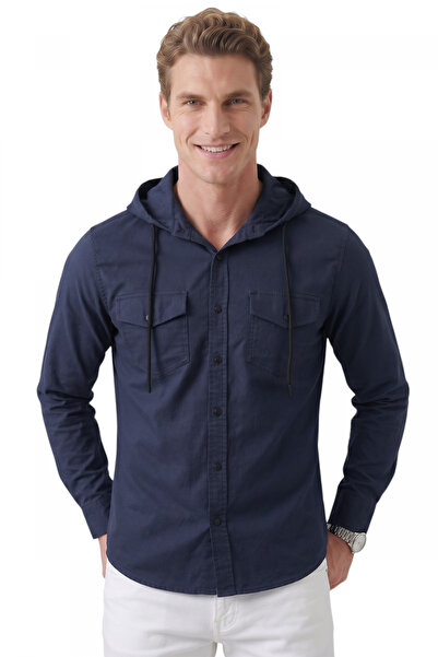 DeepSEA Cămașă din denim Lycra cu glugă, albastru marin – Cămașă bărbătească ...
