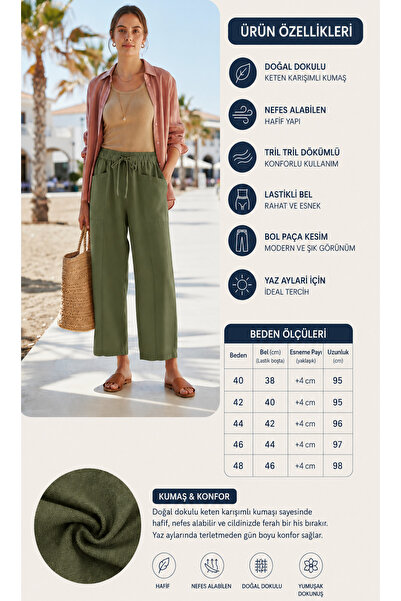 STYLENEST Kadın Bol Paça Keten Pantolon Yüksek Bel Lastikli Yazlık Rahat Pant...