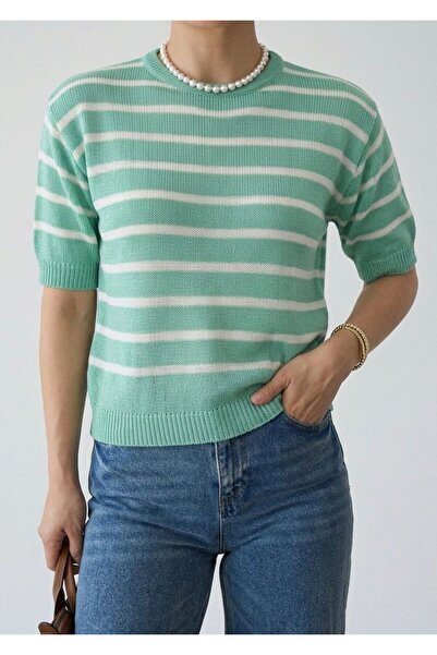 EGEMS Women's Turquoise Short-Sleeved Striped Stylish Summer Sweater