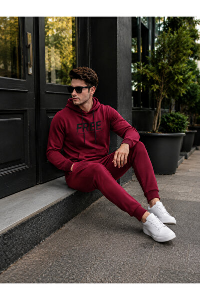 NEED LİFE Erkek Bordo Günlük Free Logolu Sweat Eşofman Takımı