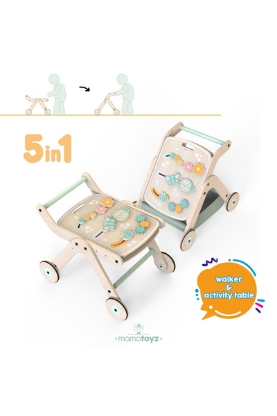 MAMATOYZ Antepremergator model BBQ din lemn 5 in 1 cu masuta de activitati