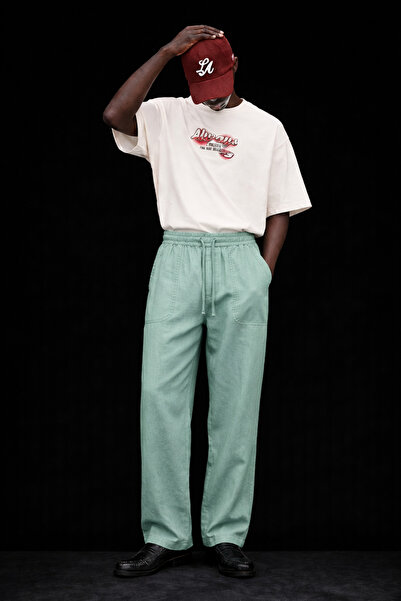 DAMGA JEANS Men's Low Waist Premium Loose Fit Green Linen Trousers
