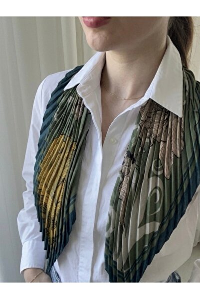 Lamer Accessories Haki Yeşil ve Hardal Sarısı Yaprak Desenli 50x50 Pliseli Ka...