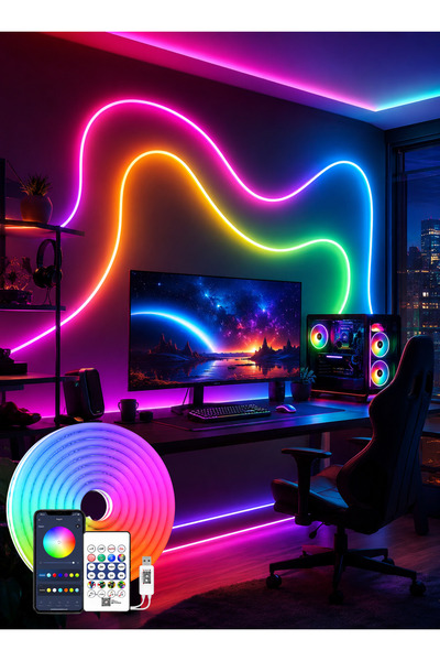 modi شريط إضاءة LED نيون RGB بطول 5 أمتار مع تطبيق مزامنة الموسيقى وجهاز التح...