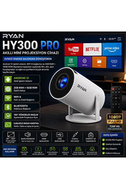 Ryan Technology HY300 PRO Akıllı Mini Projektör | Android 12 | WiFi 6 | 2GB R...
