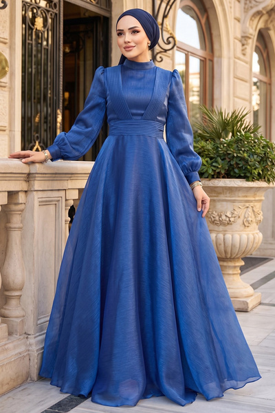 Neva Style Drape Detaylı Lacivert Tesettür Abiye Elbise 45701L
