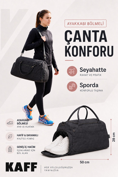 KAFF Geantă sport și de călătorie din material textil negru 0818, cu comparti...