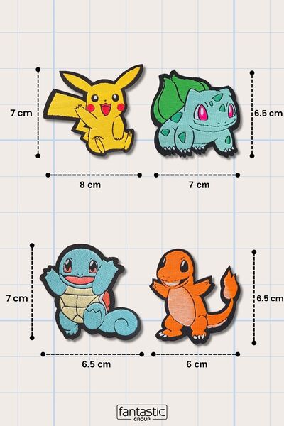 FANTASTIC ARMA 4'lü Pokemon Seti - Pikachu, Squirtle, Charmander, Bulbasaur Ütüyle Yapışan Dokuma Arma, Patch, Yama