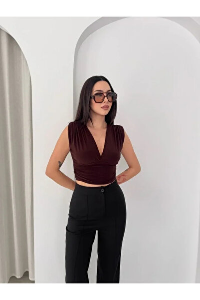 Generic Brand Bluză crop drapată, căptușită, fără mâneci, cu decolteu în V, L...