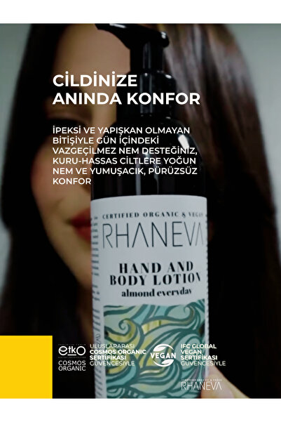 RHANEVA Kuru ve Hassas Ciltler için Yoğun Nemlendirici El ve Vücut Losyonu, Organik ve Vegan Sertifikalı, 250 ml