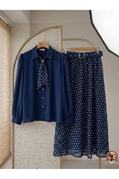 MY QILAM Women's Hijab Scarf Detailed Belted Polka Dot Chiffon Skirt Two-Piec...