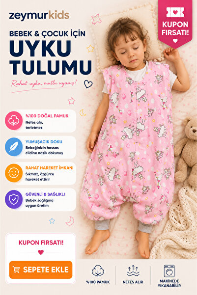 zeymurkids Bebek Çocuk Uyku Tulumu Kolsuz %100 Doğal Pamuk Pembe 21-24 Derece
