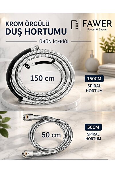 FAWER Faucet & Shower Fawer Krom Örgülü Duş Hortumu Takımı 150cm-50cm