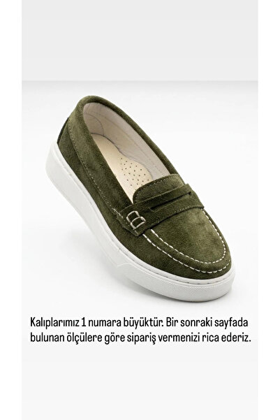 BeSteps Haki Loafer Süet / Hakiki Deri Termo Kaymaz Taban El Yapımı Erkek Çoc...