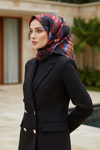 Vissona 100% حرير قطني طويل منقوش باللون الأسود - الأحمر اللون 90x90 وشاح حاف...