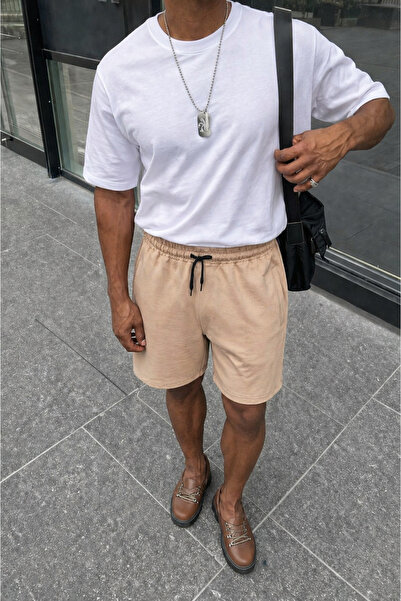 DAMGA JEANS Men's Premium Jogger Relax Fit Beige Short Combed Cotton Shorts