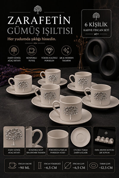 YzHome 6 Kişilik 12 Parça Porselen Hayat Ağacı Platin Gümüş Kabartma Motif Ka...