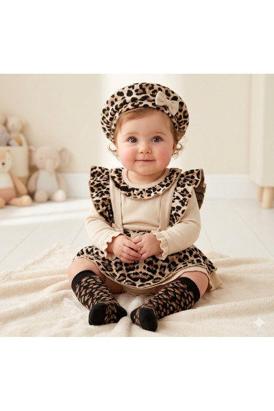 KIZ BEBEK LEOPAR DESENLİ ÇORAPLI 4 LÜ SET TAKIM