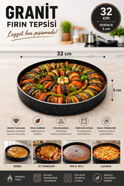 MEŞELER Oaks Granite Baking Cup Tray 32 cm Black (1 Pc)