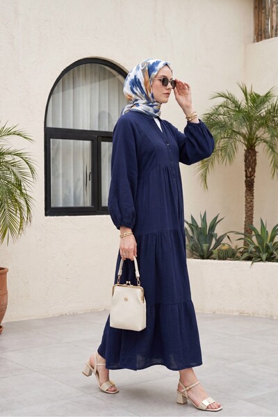 Modamorfo V-Neck, Half-Buttoned, Elastic-Sleeved, Segmented Muslin Dress - Da...